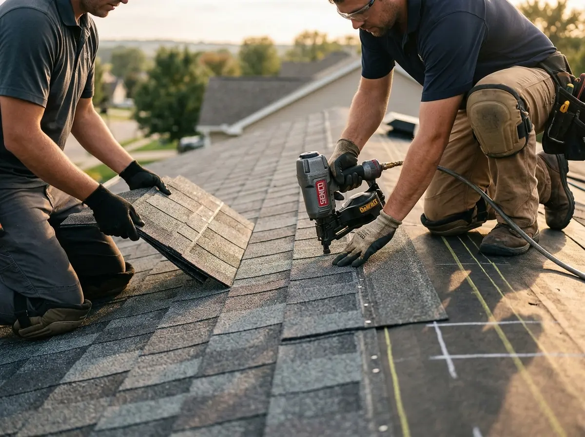 Professional roofer working on a residential roof in Fort Morgan